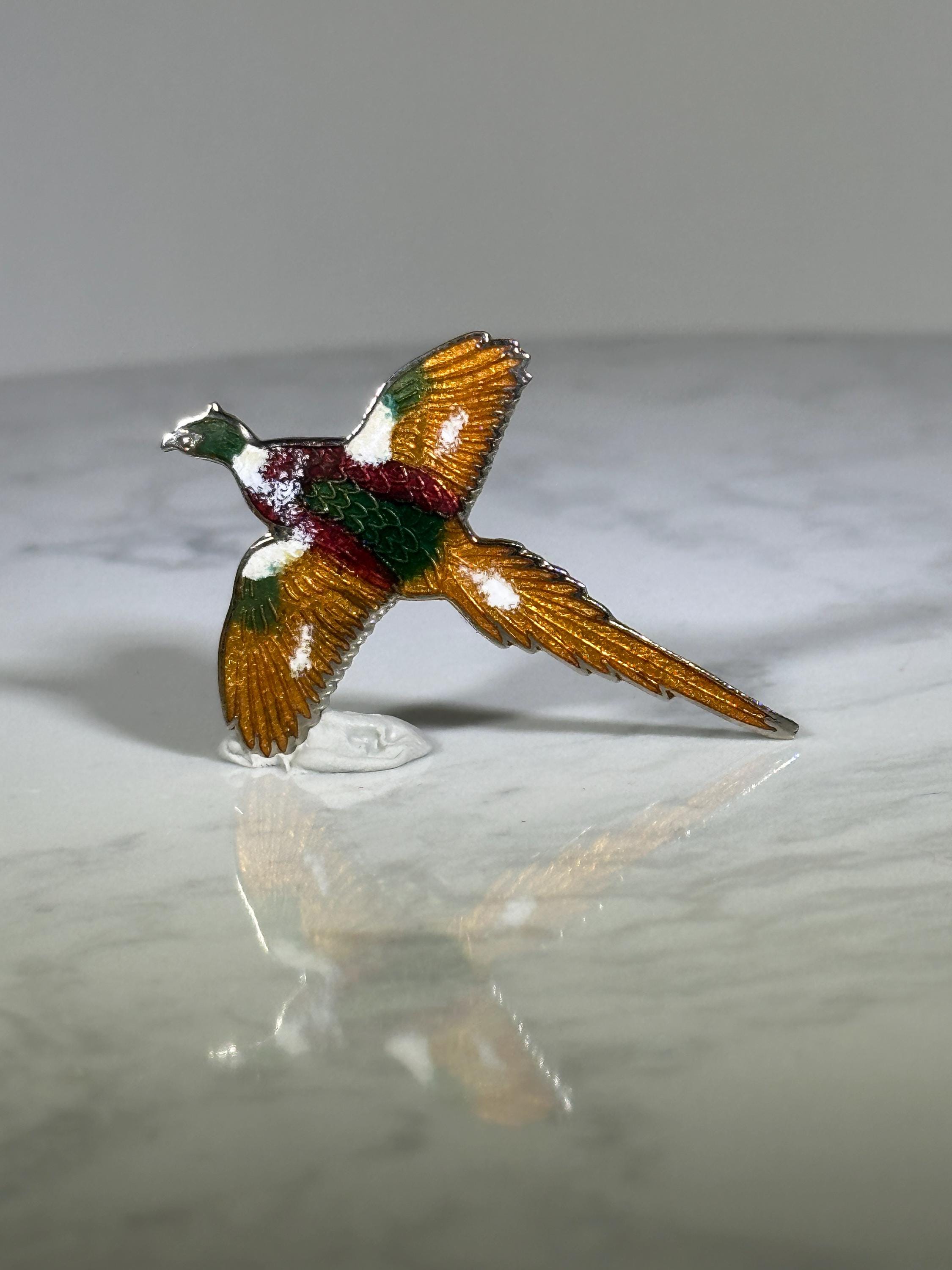 Flying Pheasant Enamel Pin: Multicolor Silvertone - Vintage Wildlife Accessory