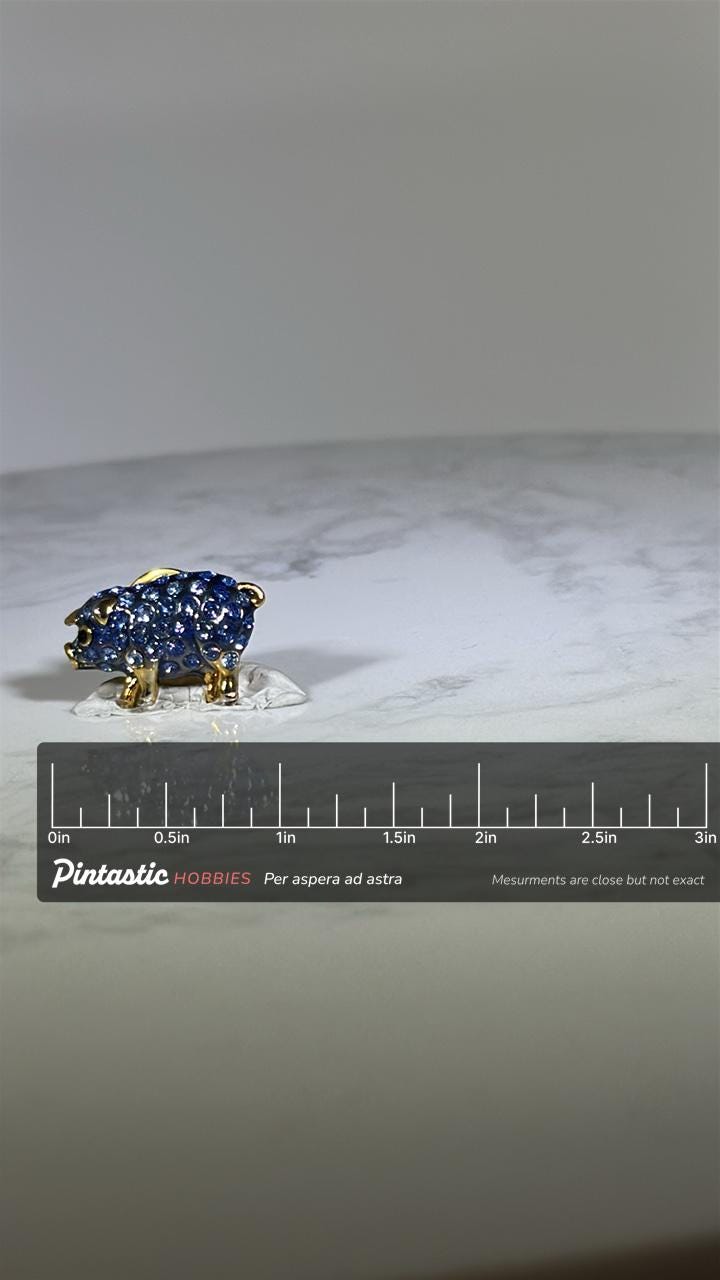 Blue Crystal Pig Pin: Gold Tone Sparkle - Vintage Animal Accessory with ruler overlay for size reference