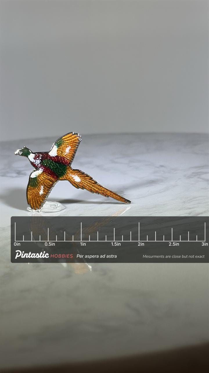 Flying Pheasant Enamel Pin: Multicolor Silvertone - Vintage Wildlife Accessory with ruler overlay for size reference