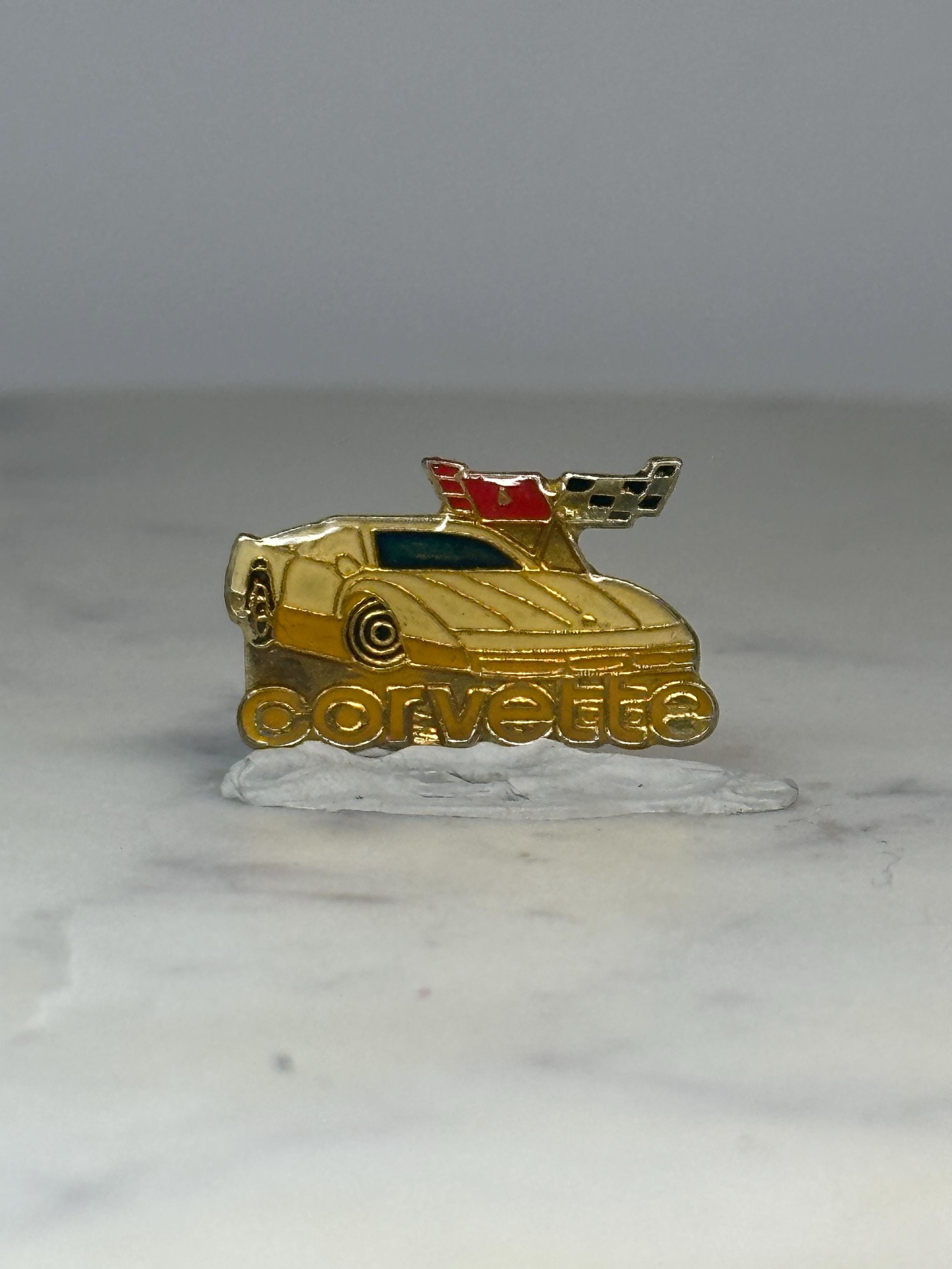 Corvette Car Pin: Gold Tone Enamel - Vintage Auto Accessory
