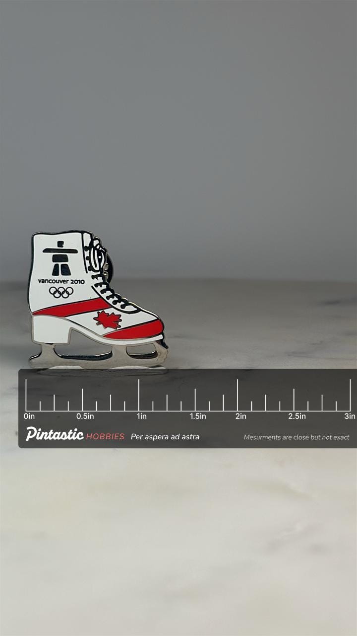 Vancouver 2010 Olympic Skate Pin: White Red Enamel - Winter Games Accessory with ruler overlay for size reference