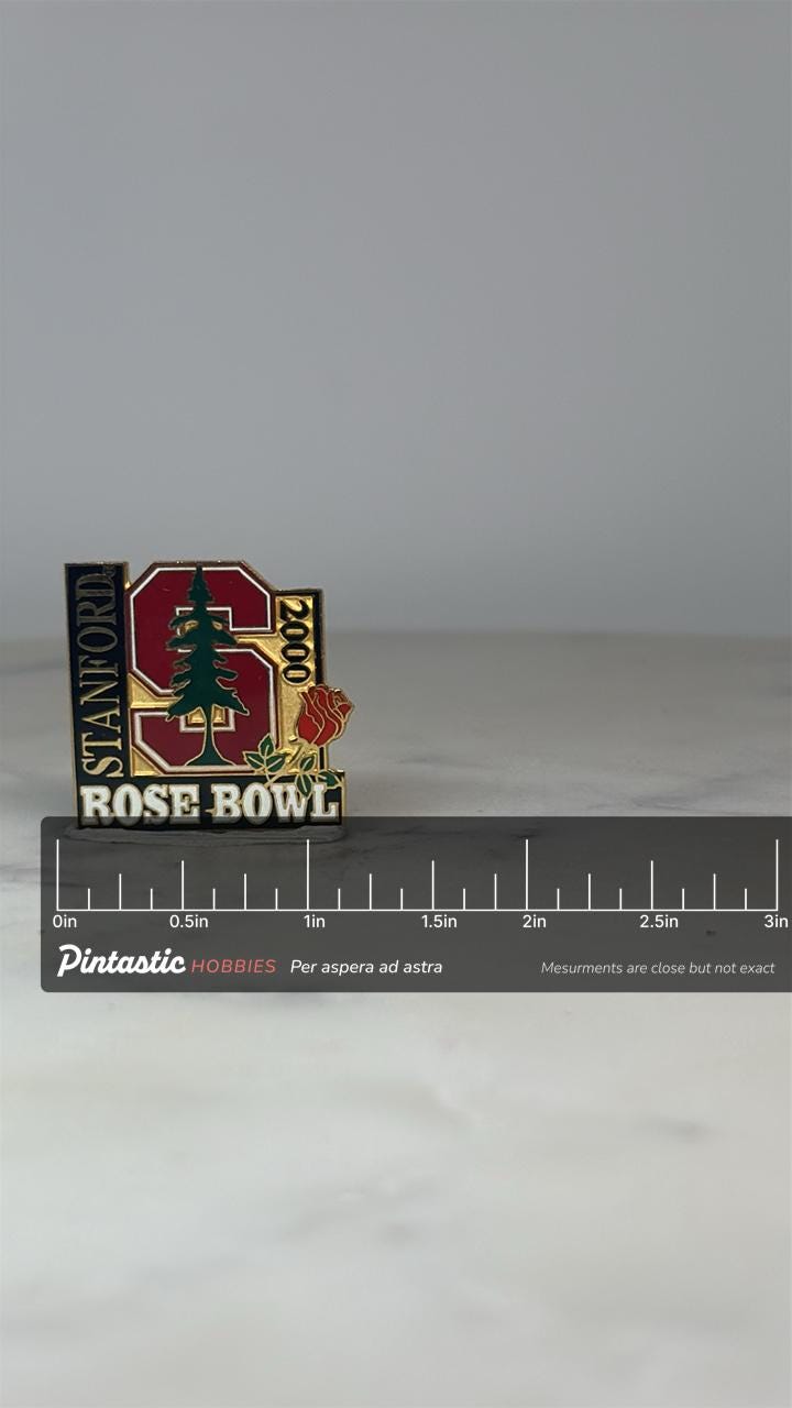 Stanford Rose Bowl Pin: Gold Red Enamel - 2000 College Football Accessory with ruler overlay for size reference