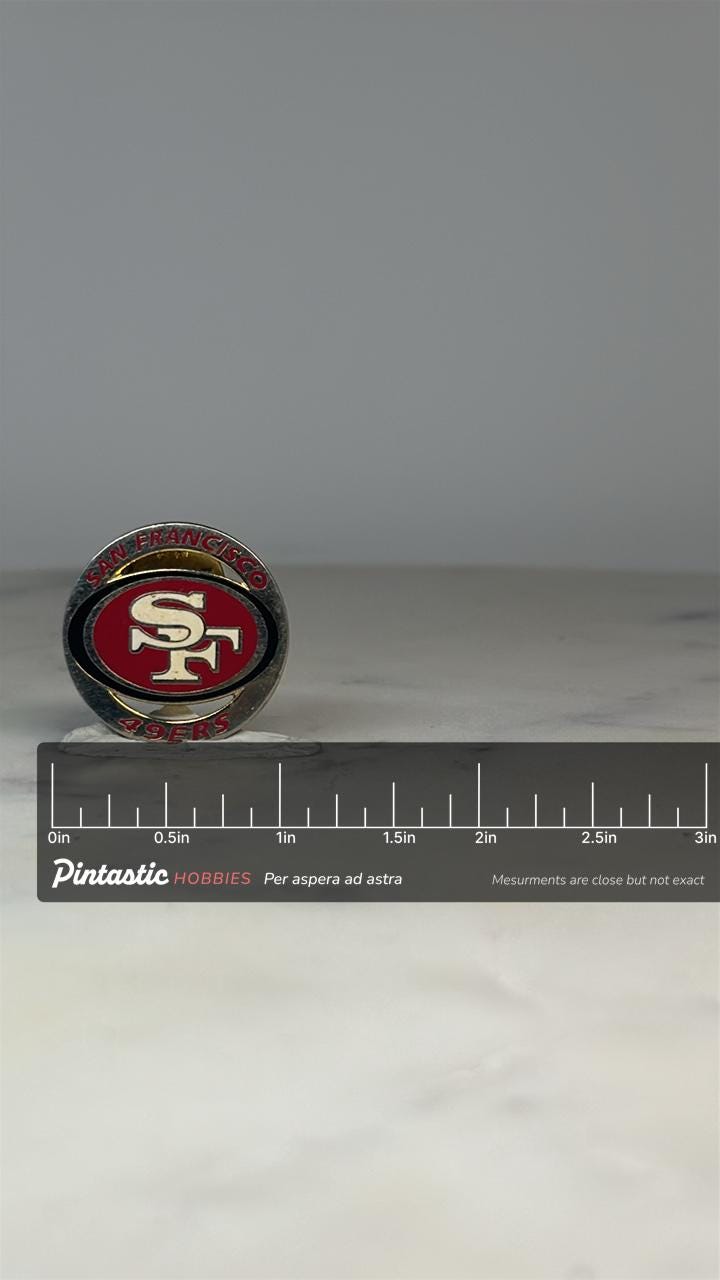 San Francisco 49ers Pin: Gold & Red Enamel - Vintage NFL Accessory with ruler overlay for size reference