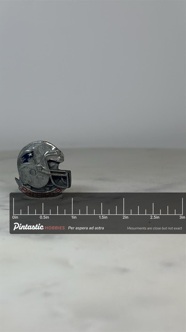 New England Patriots Helmet Pin: Pewter Finish - Vintage NFL Accessory with ruler overlay for size reference