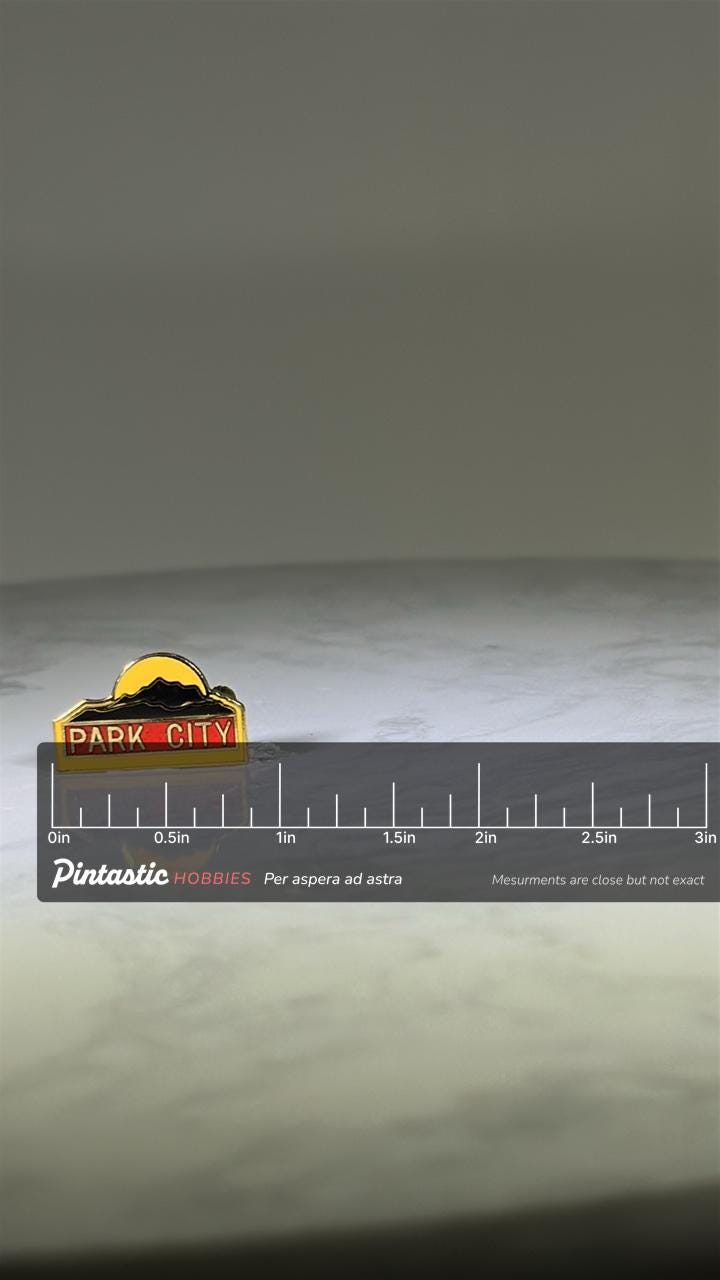 Park City Souvenir Pin: Red & Yellow Enamel - Retro Travel Accessory with ruler overlay for size reference