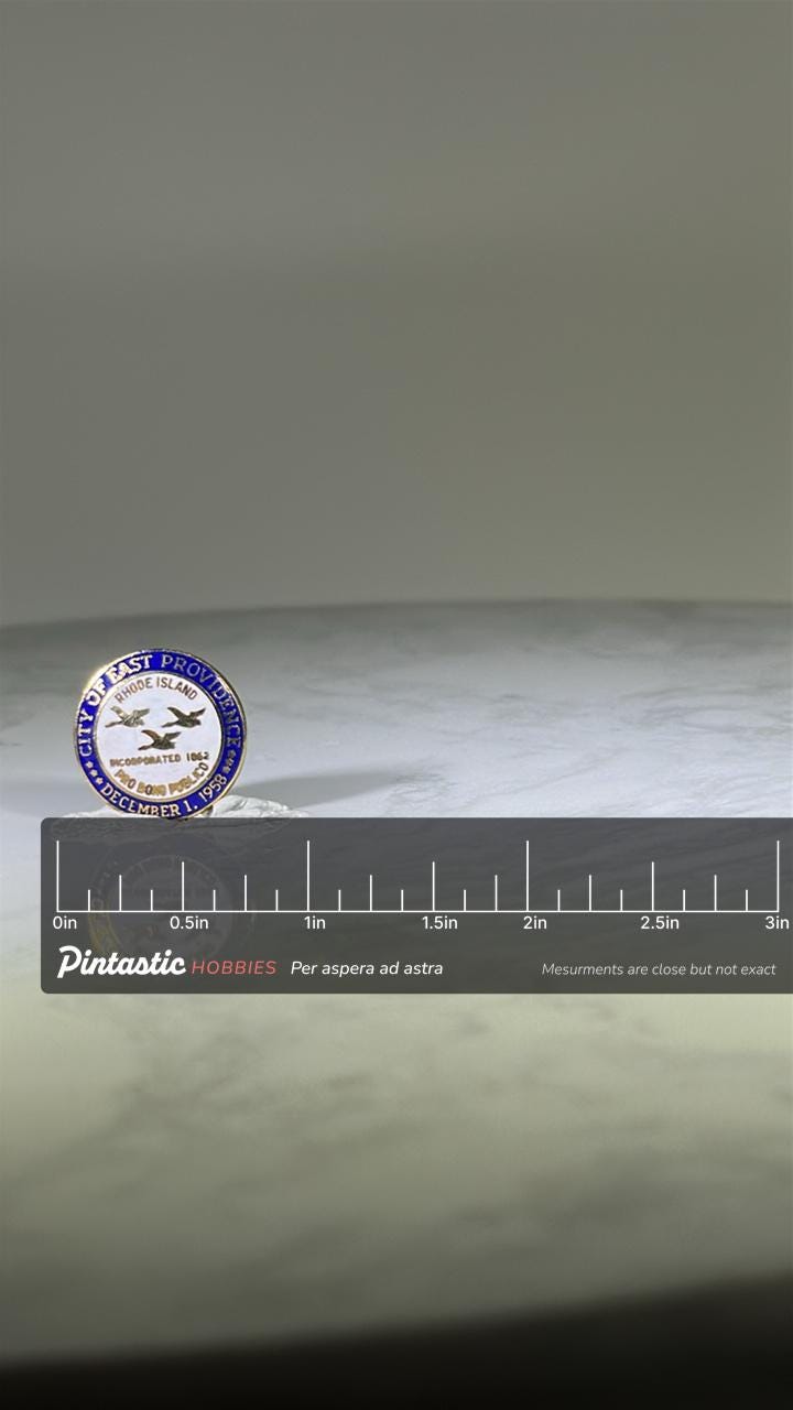 East Providence City Pin: Blue Enamel Finish - Rhode Island Collectible with ruler overlay for size reference