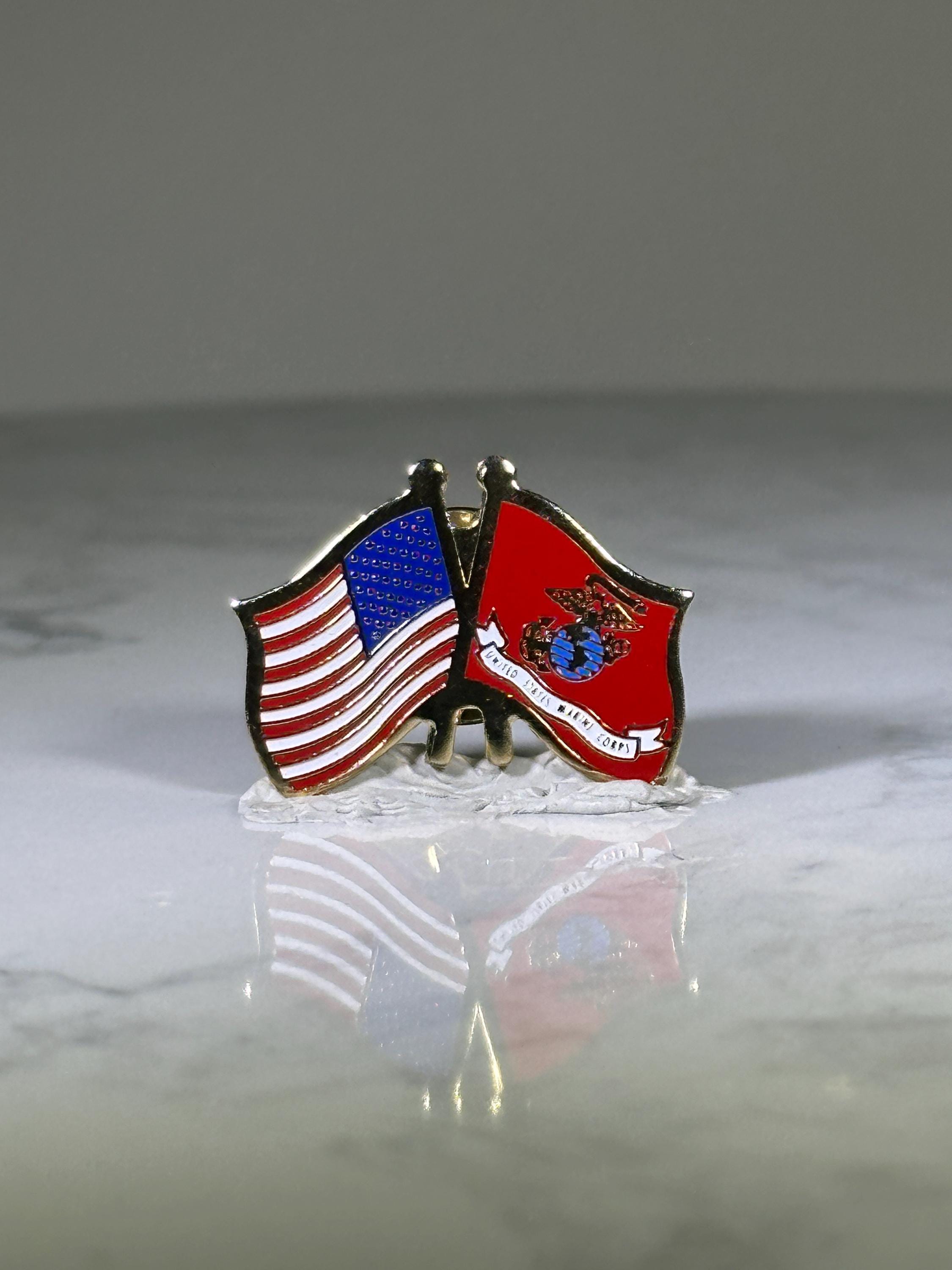 USMC & American Flag Pin: Gold Tone Enamel - Patriotic Military Accessory