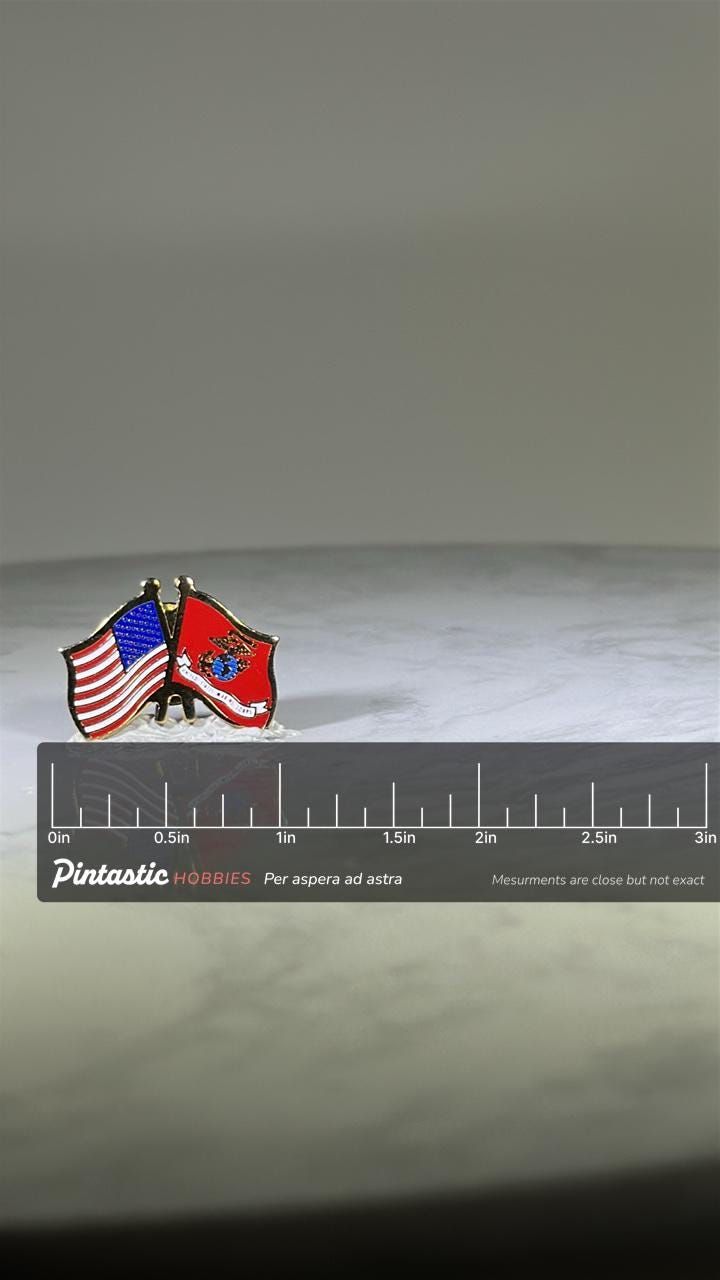 USMC & American Flag Pin: Gold Tone Enamel - Patriotic Military Accessory with ruler overlay for size reference