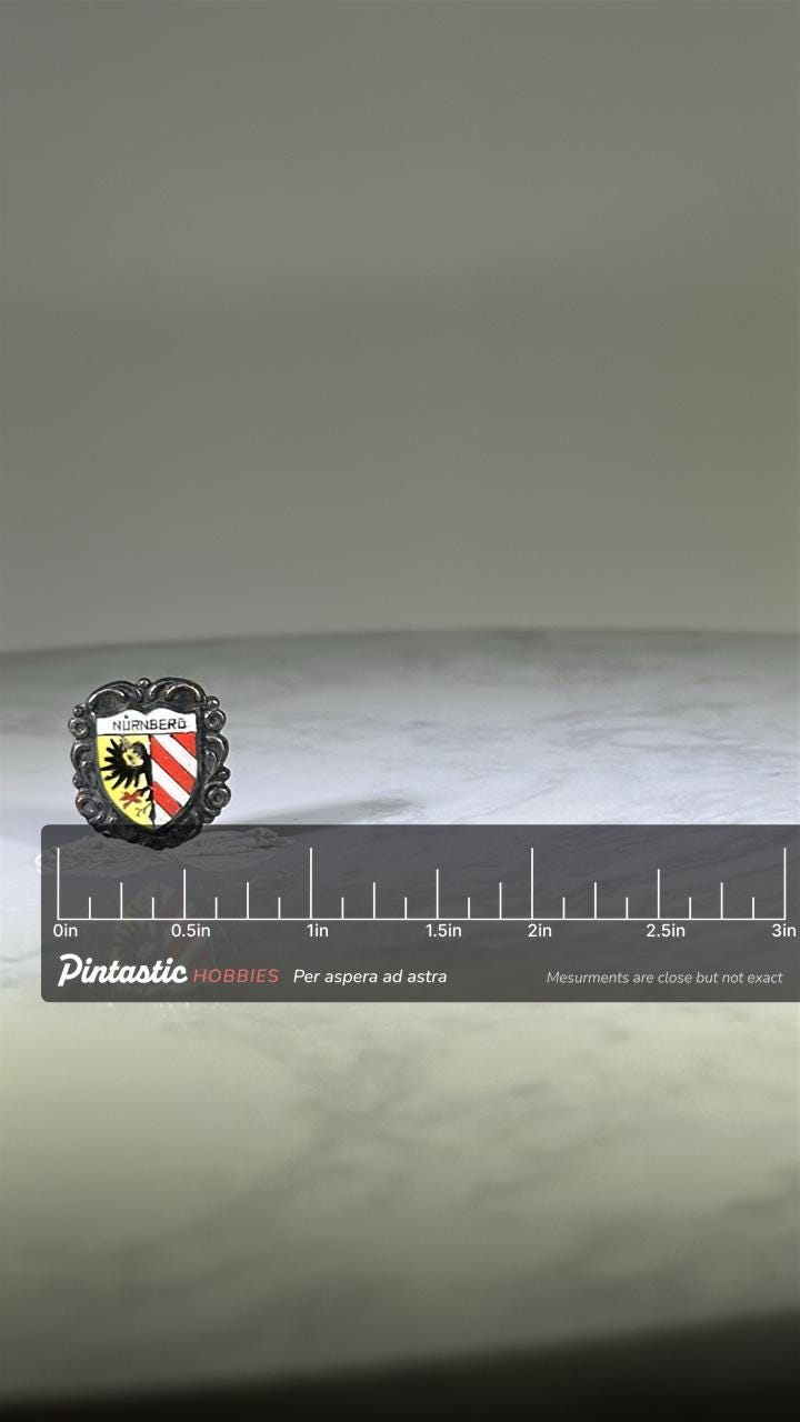 Nürnberg Crest Pin: Enamel Heraldic Shield - Vintage Travel Accessory with ruler overlay for size reference