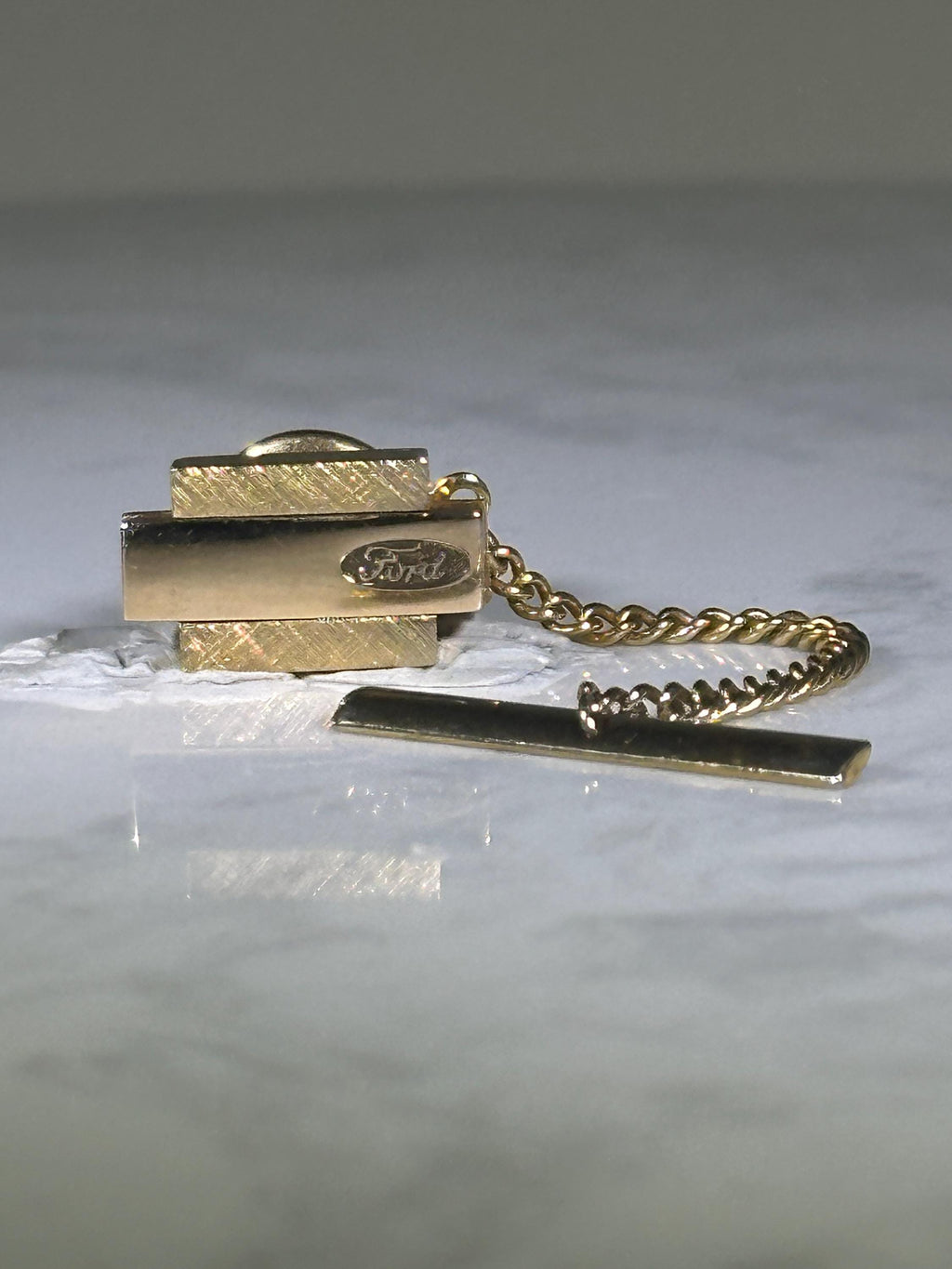Ford Tie Tack: Gold Tone Bar with Chain - Vintage Auto Accessory
