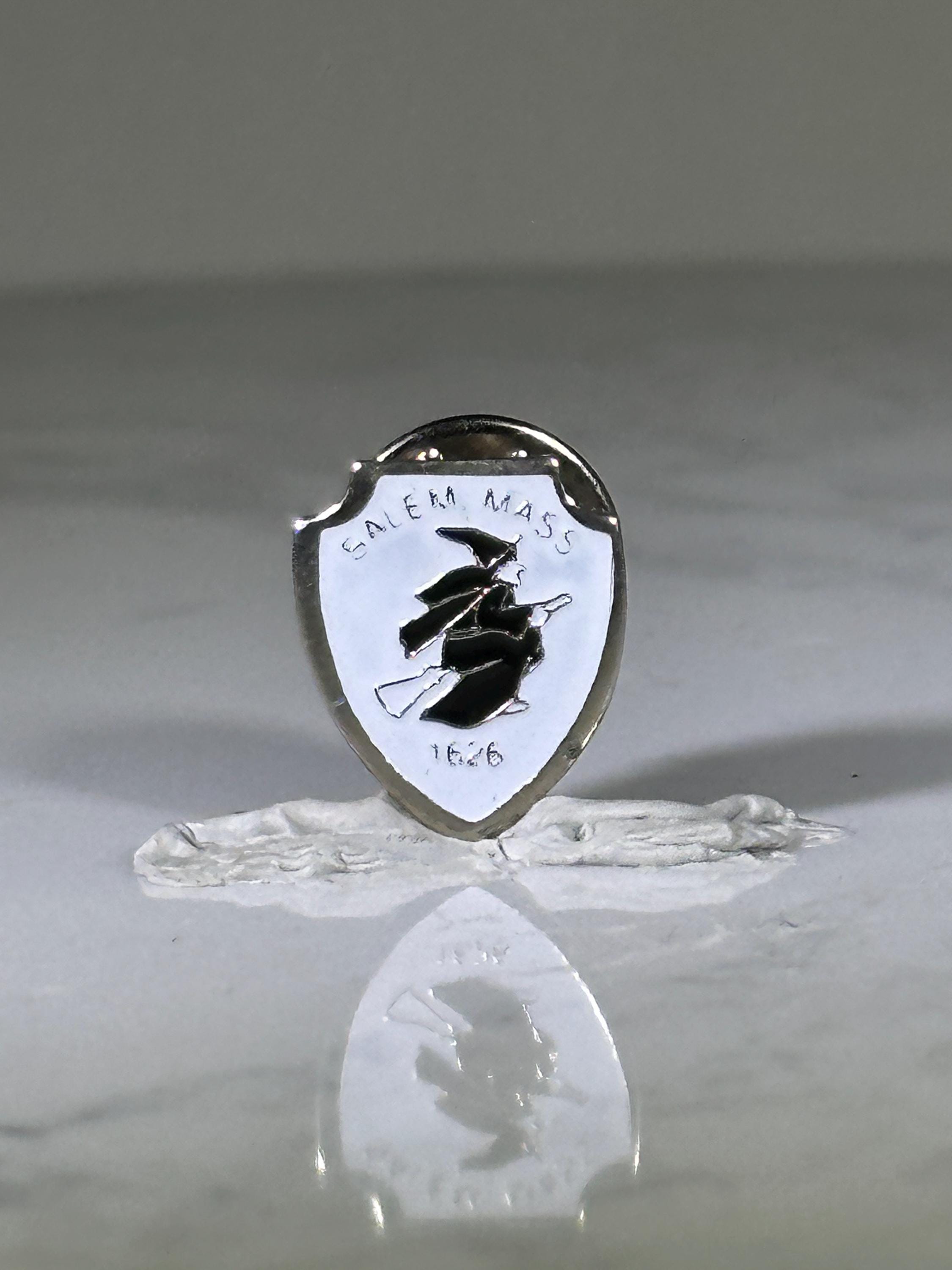Salem Witch Shield Pin: Silver & Black Enamel - Vintage Tourist Accessory