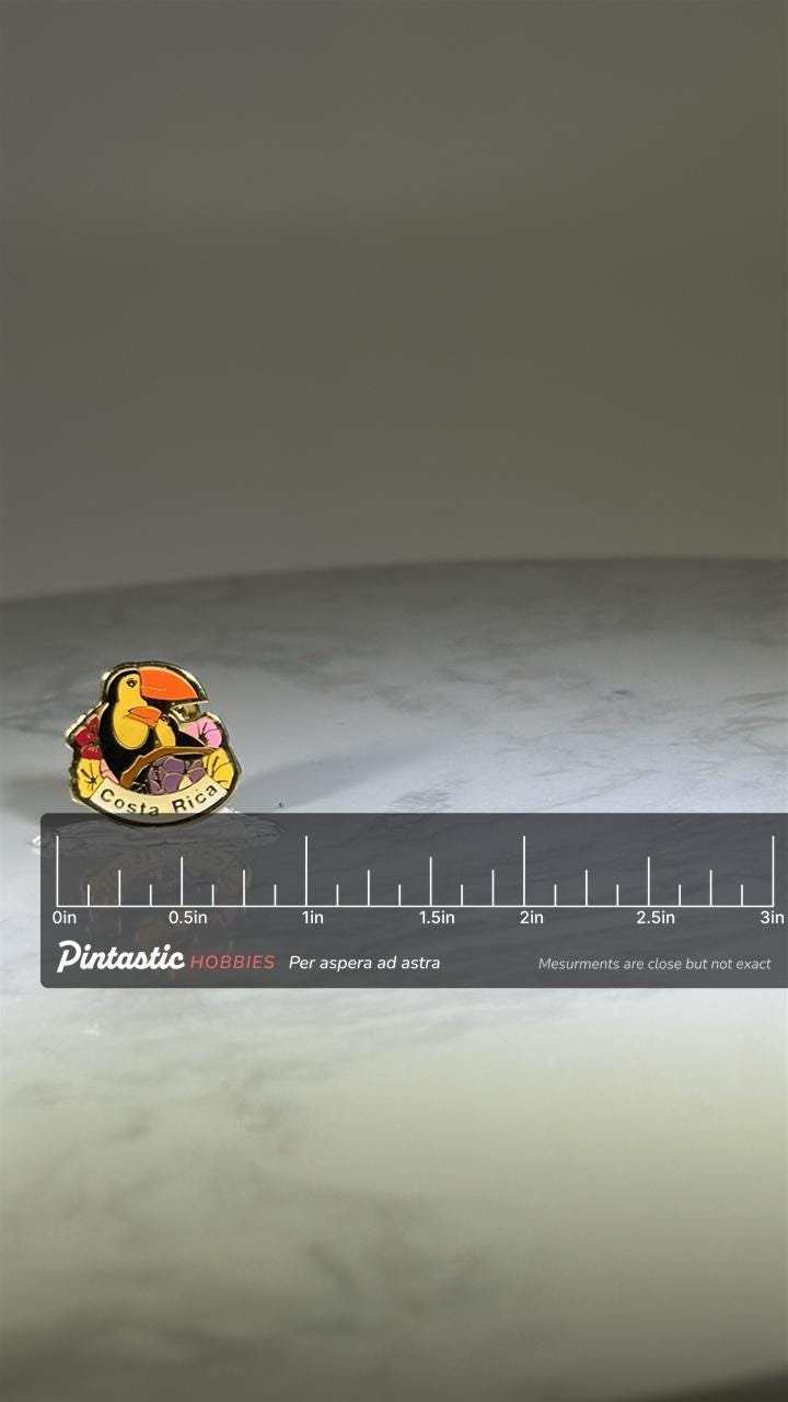 Costa Rica Toucan Pin: Bright Enamel Finish - Tropical Travel Souvenir with ruler overlay for size reference