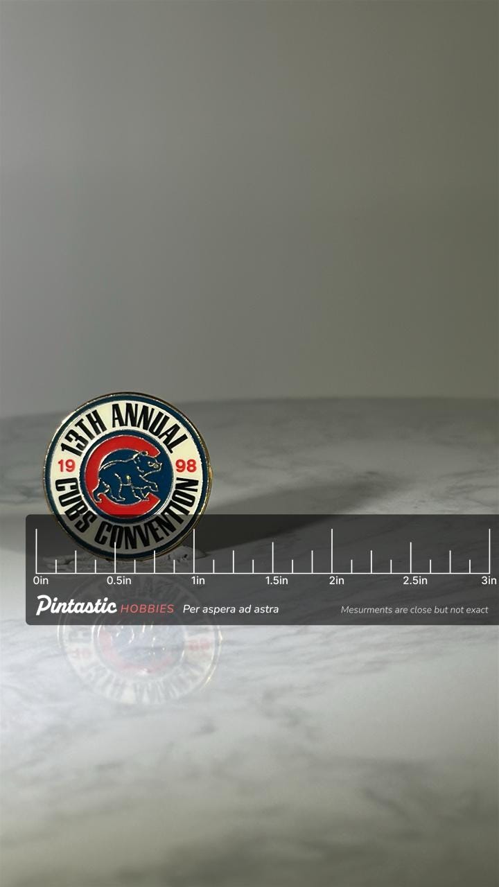Chicago Cubs Convention Pin: Red White Blue Enamel - 1998 Sports Accessory with ruler overlay for size reference