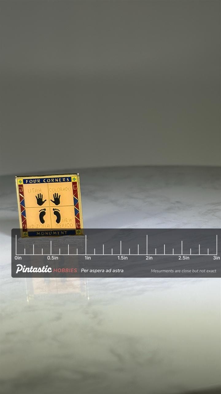 Four Corners Monument Pin: Multicolor Enamel - Travel Souvenir Accessory with ruler overlay for size reference