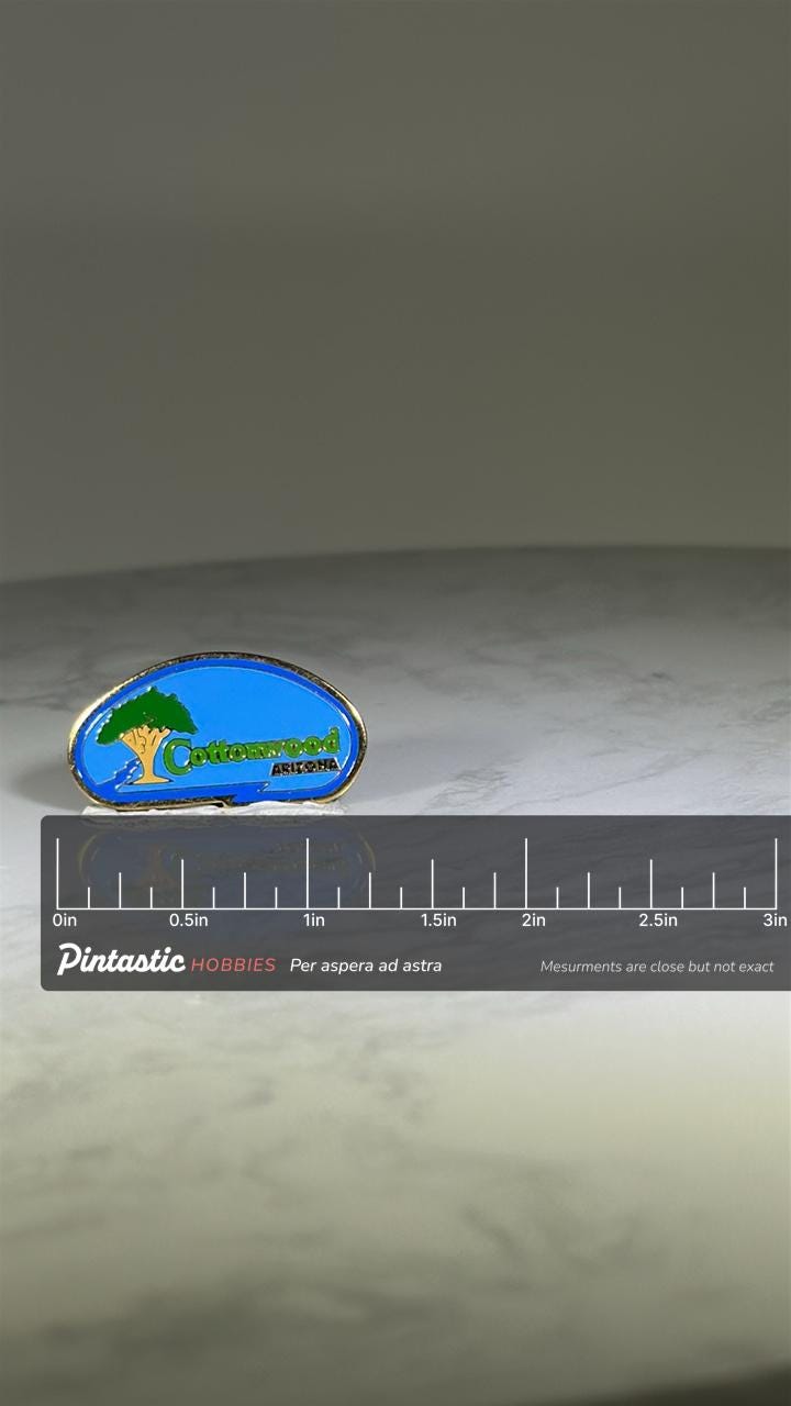 Cottonwood Arizona Pin: Blue Enamel & Gold Trim - Vintage Travel Accessory with ruler overlay for size reference
