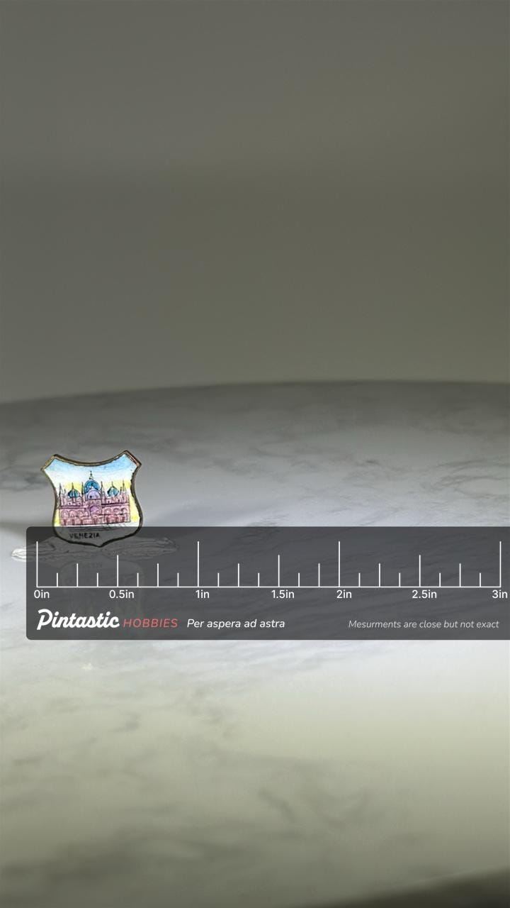 Venezia Souvenir Pin: Pastel Enamel Shield - Vintage Travel Accessory with ruler overlay for size reference