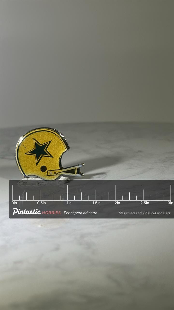 Vintage Dallas Cowboys Football Helmet Pin: Yellow Enamel Star Design - Retro NFL Accessory with ruler overlay for size refer