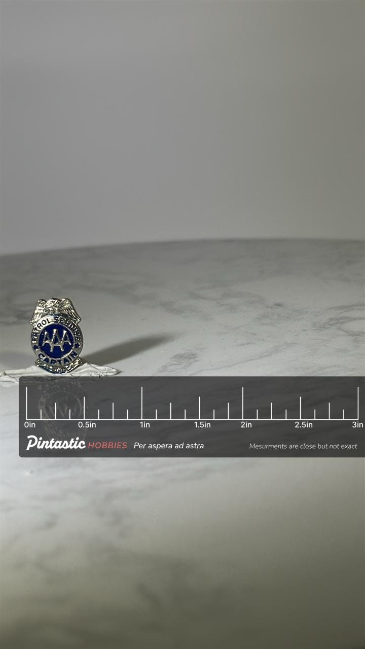 AAA Patrol Service Pin: Silver Blue Enamel Badge - Vintage Captain Accessory with ruler overlay for size reference