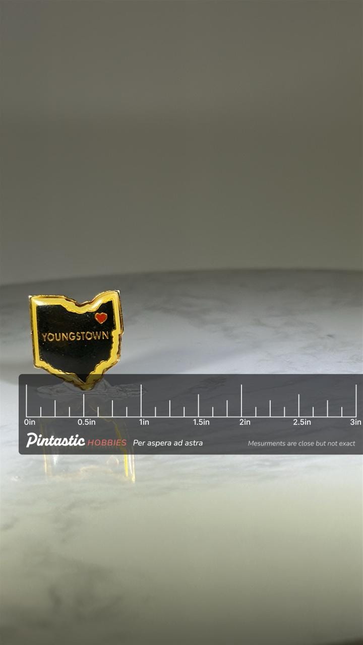 Youngstown Ohio State Pin: Black & Gold Enamel - Vintage City Souvenir Accessory with ruler overlay for size reference