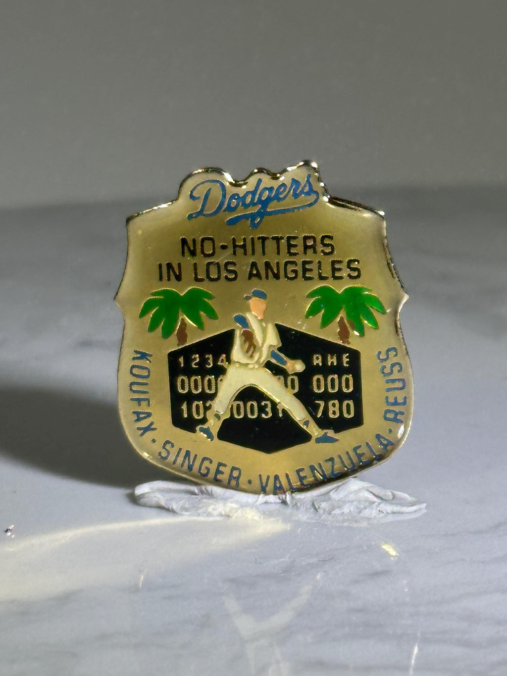 Dodgers No-Hitters Pin: Gold Enamel Finish - Vintage Baseball Accessory