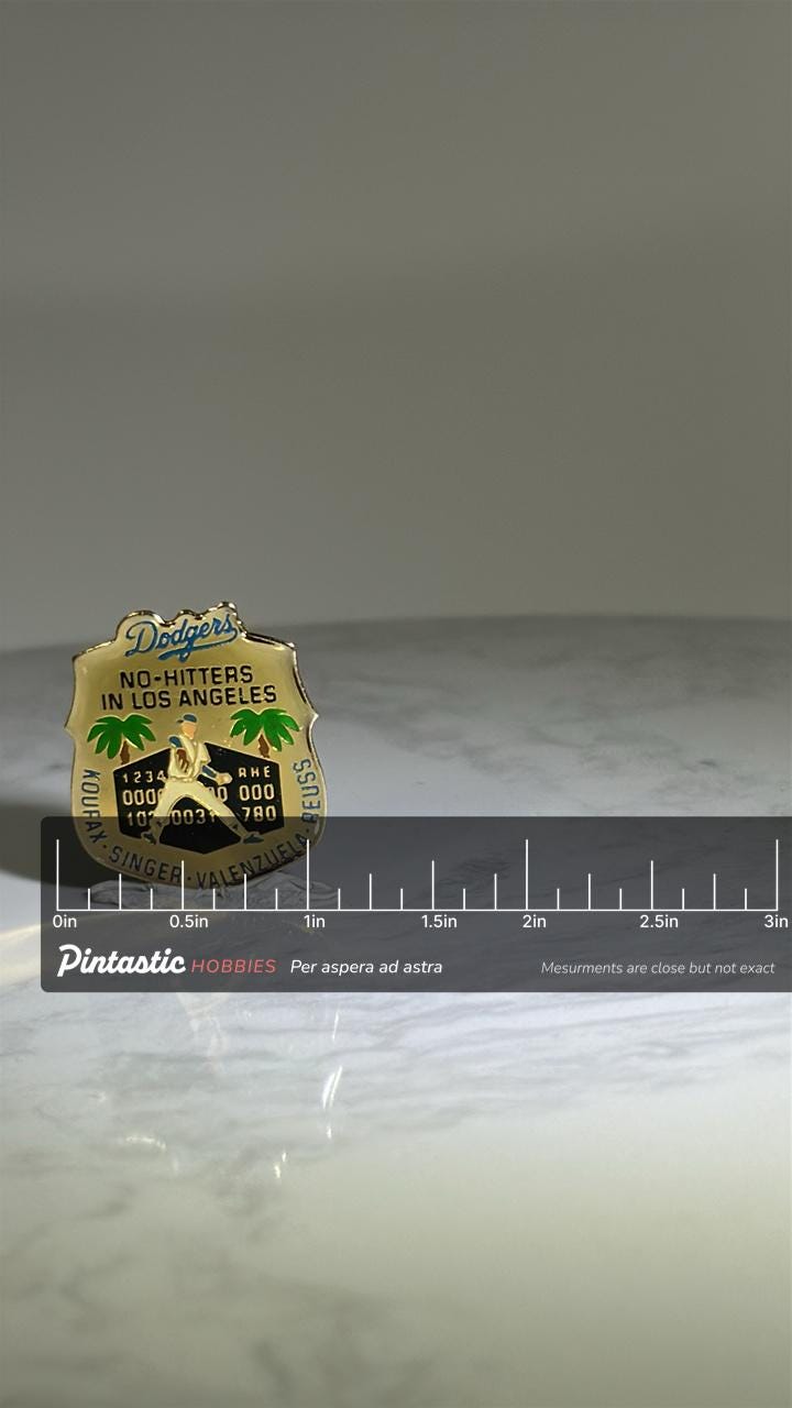 Dodgers No-Hitters Pin: Gold Enamel Finish - Vintage Baseball Accessory with ruler overlay for size reference