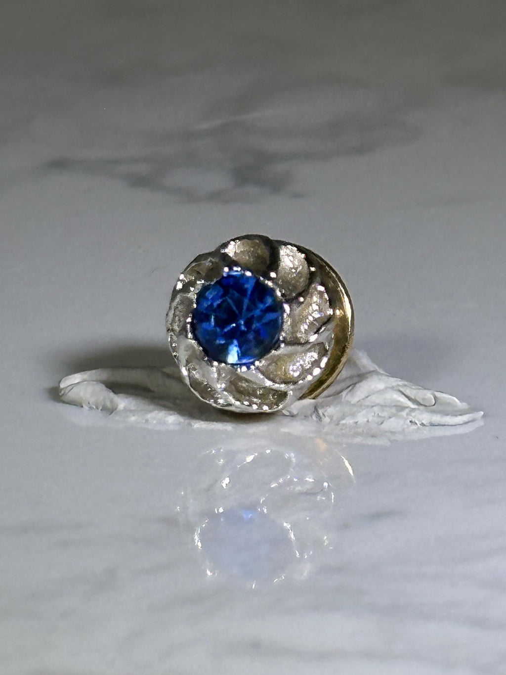 Blue Gem Floral Lapel Pin: Silver Tone Finish - Vintage Accessory