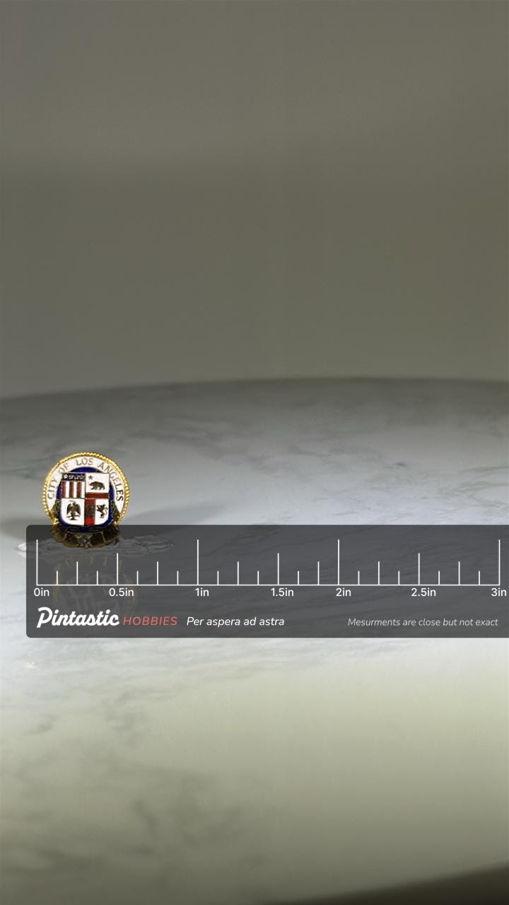 City of Los Angeles Pin: Gold Tone Enamel Shield - Vintage Civic Accessory with ruler overlay for size reference