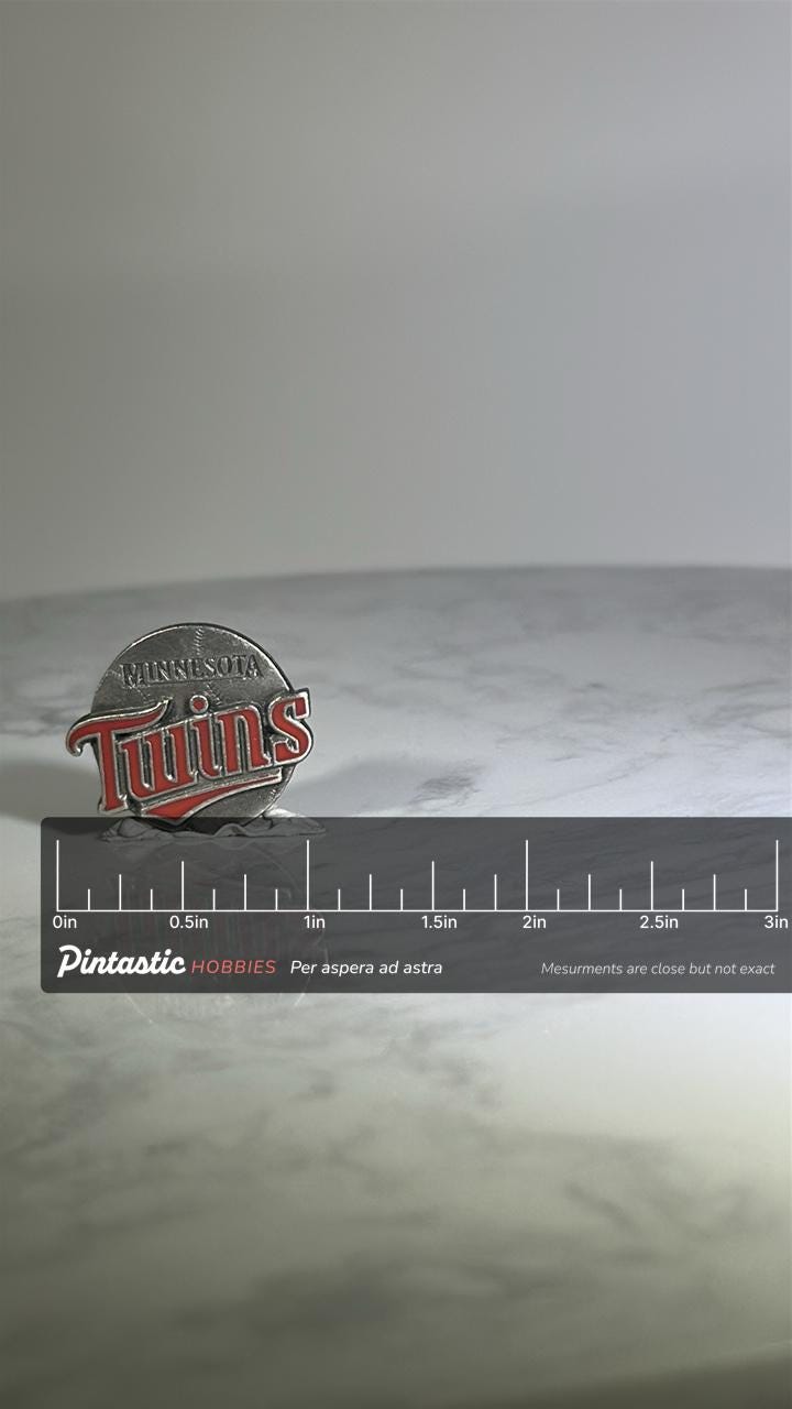 Minnesota Twins Baseball Pin: Silver & Red Enamel - Vintage Sports Accessory with ruler overlay for size reference