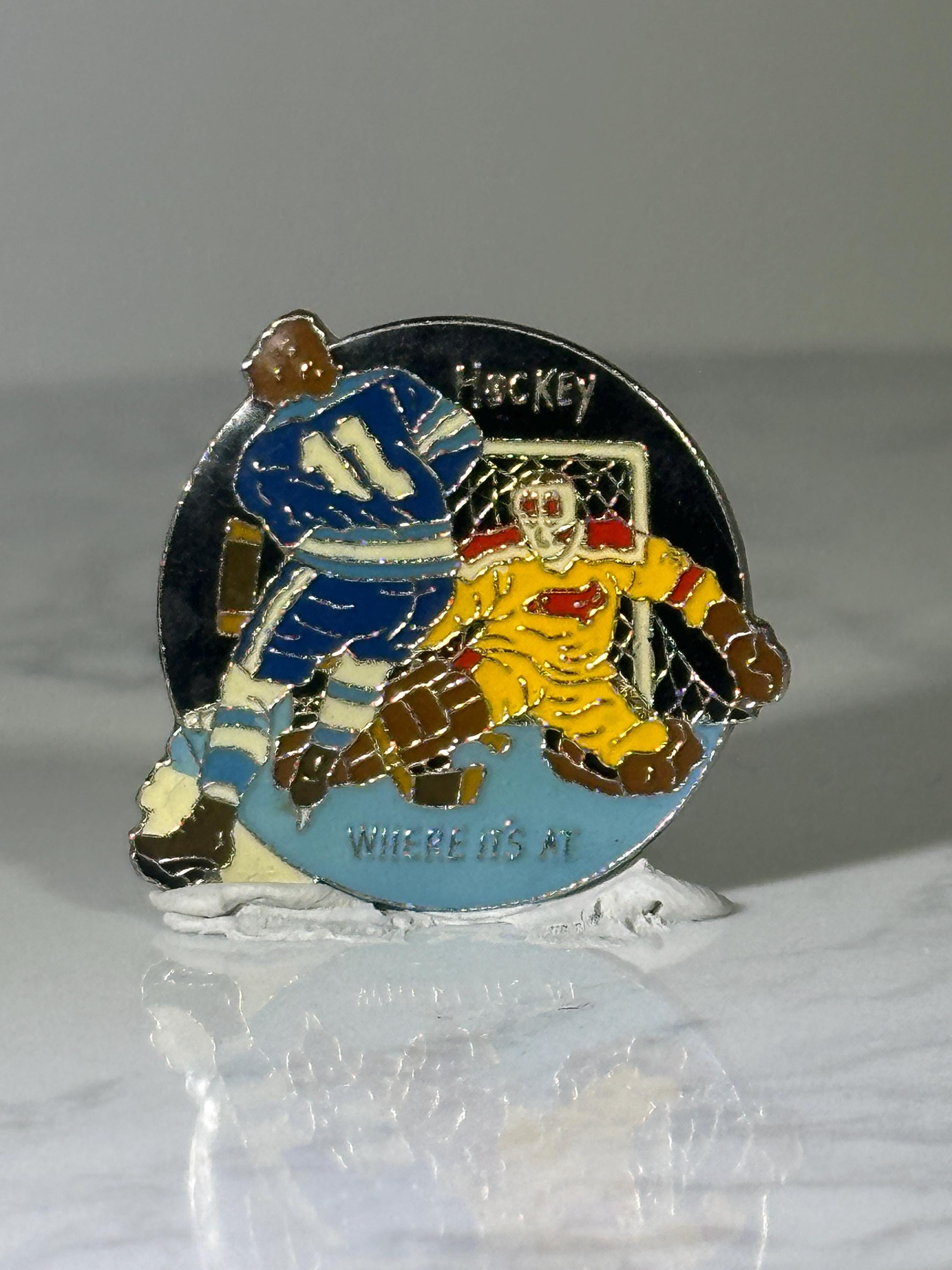 Hockey Goalie & Player Pin: Colorful Enamel - Vintage Sports Accessory