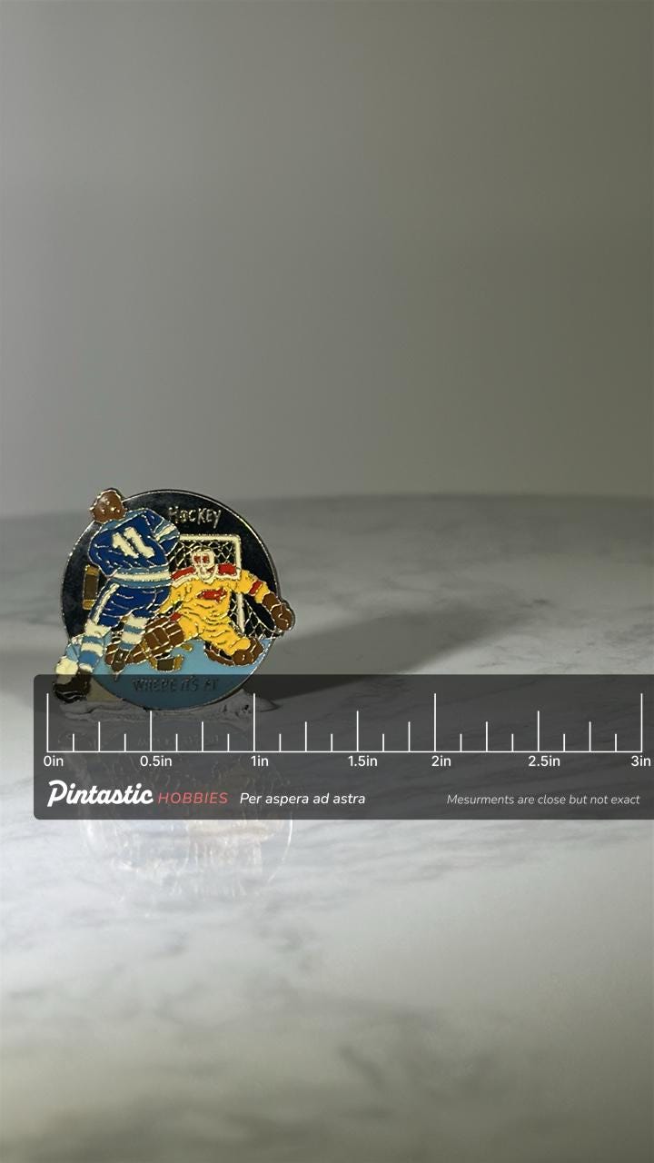 Hockey Goalie & Player Pin: Colorful Enamel - Vintage Sports Accessory with ruler overlay for size reference