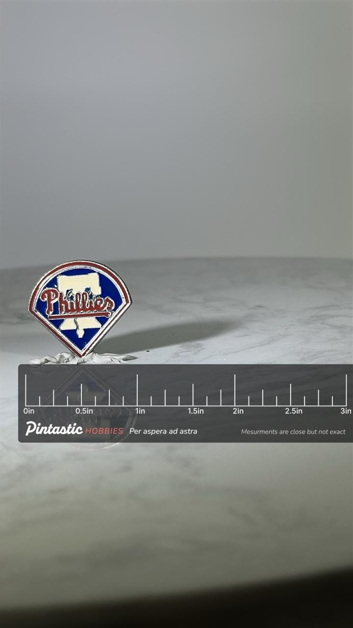 Phillies Baseball Pin: Red White Blue Enamel - Vintage Sports Accessory with ruler overlay for size reference
