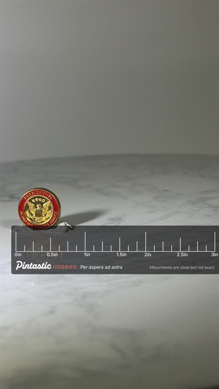 Presidential Academic Fitness Award Pin: Gold Red Enamel - Vintage School Accessory with ruler overlay for size reference