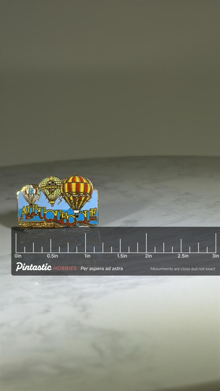 Albuquerque Balloon Fiesta Pin: Multicolor Enamel - Vintage Travel Accessory with ruler overlay for size reference