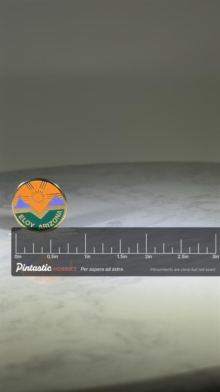 Eloy Arizona Souvenir Pin: Bold Enamel Colors - Vintage Travel Accessory with ruler overlay for size reference