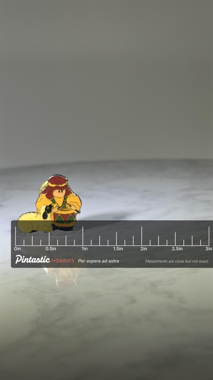 Little Drummer Boy Pin: Enamel Gold-Tone - Vintage Holiday Accessory with ruler overlay for size reference