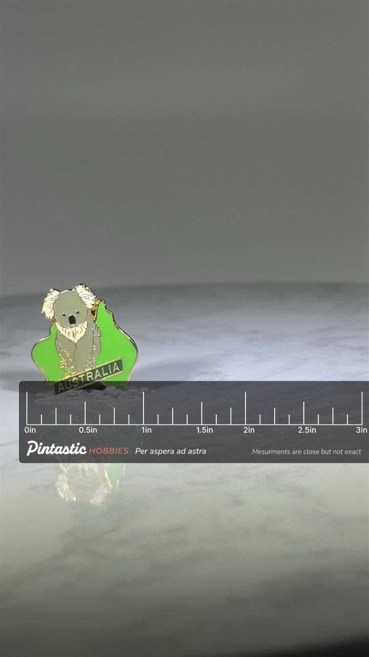 Koala Australia Pin: Green Enamel Gold Trim - Souvenir Travel Accessory with ruler overlay for size reference
