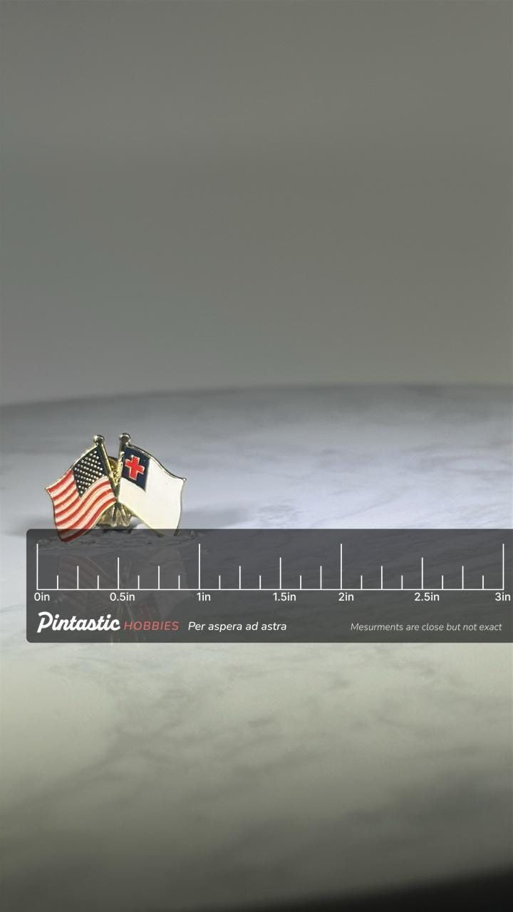 American & Christian Flag Pin: Gold-Tone Enamel - Patriotic Religious Accessory with ruler overlay for size reference