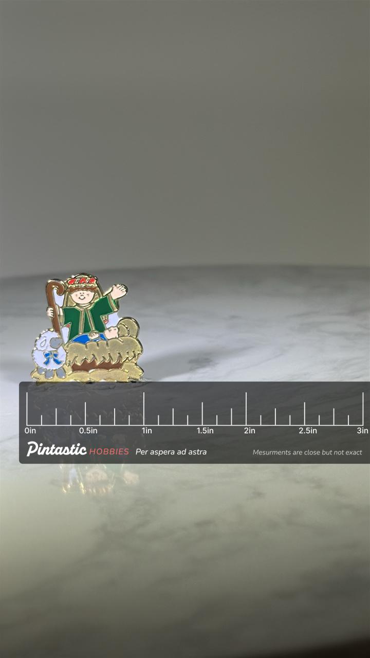 Nativity Scene Pin: Gold Enamel Finish - Holiday Christmas Accessory with ruler overlay for size reference