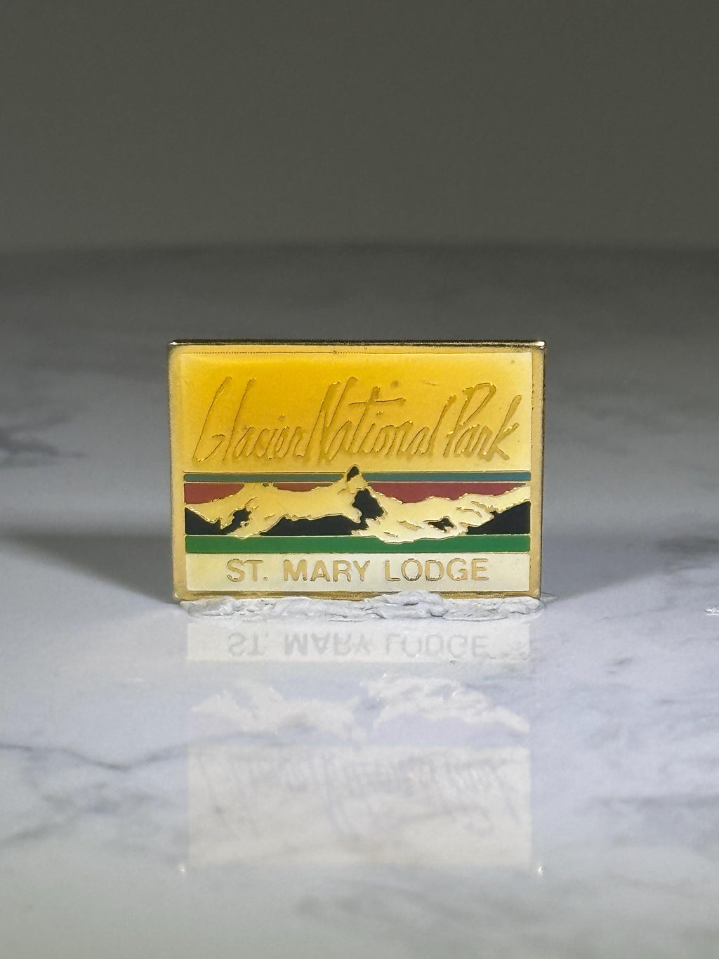 Glacier National Park Pin: Gold Enamel Rectangle - Vintage Travel Accessory