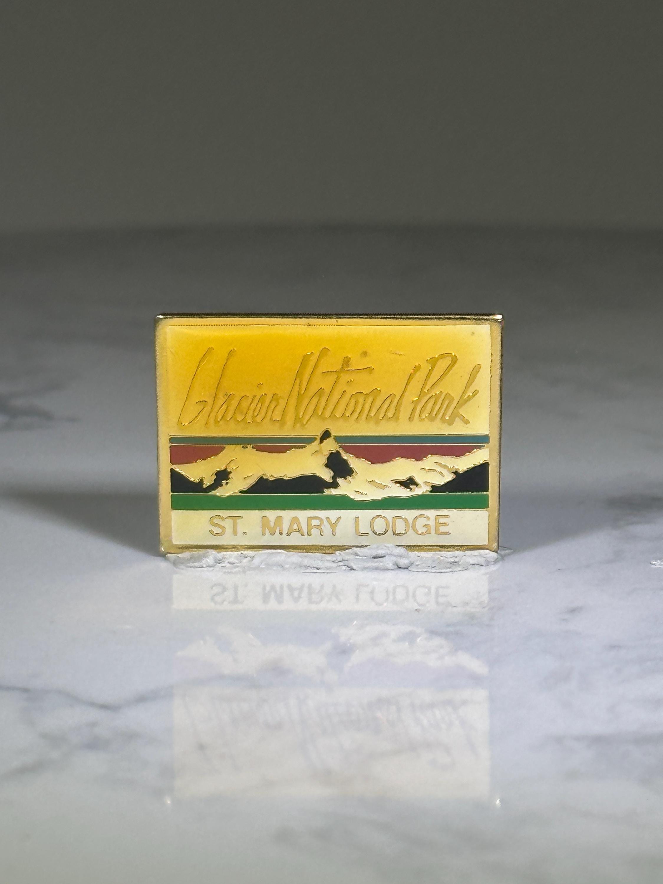 Glacier National Park Pin: Gold Enamel Rectangle - Vintage Travel Accessory