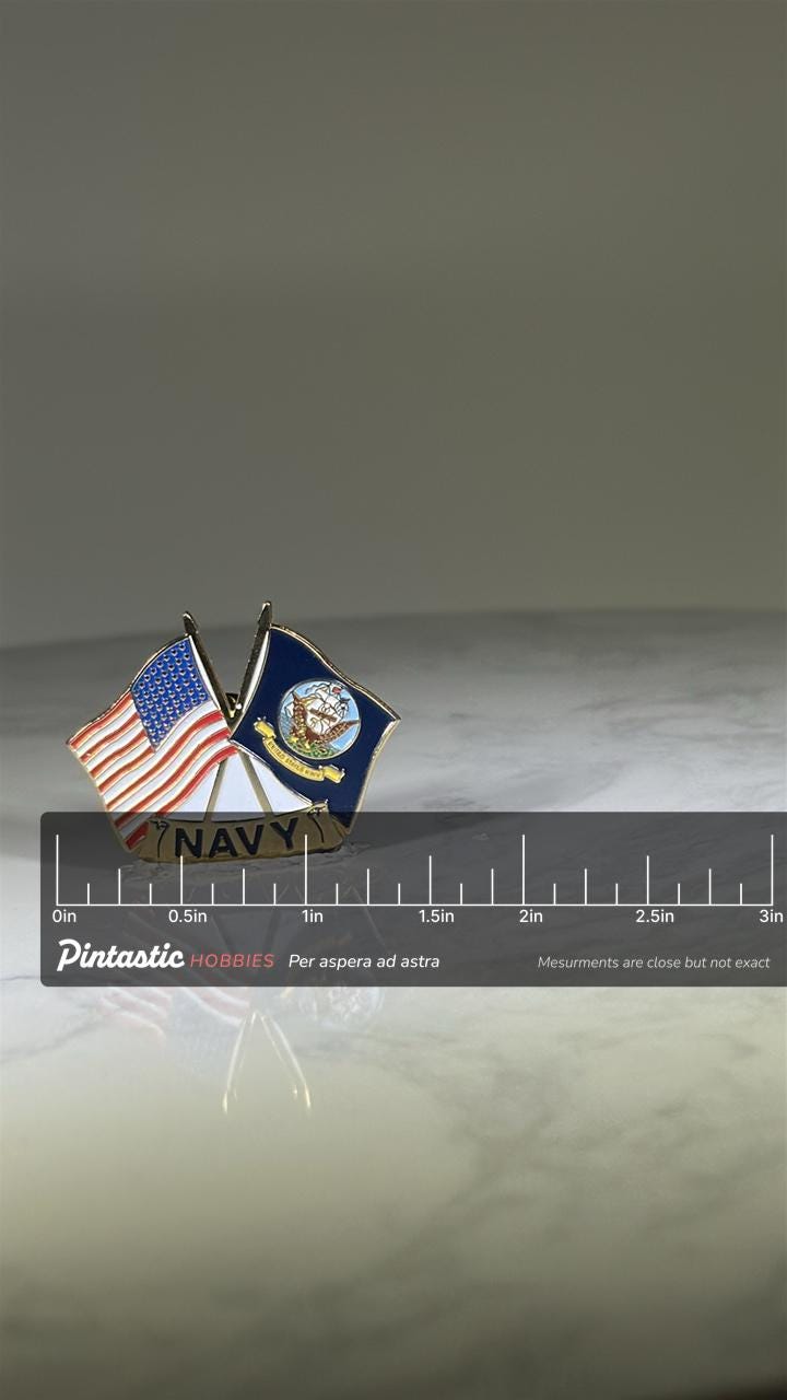 US Navy Flag Pin: Enamel Gold-Tone - Patriotic Military Accessory with ruler overlay for size reference