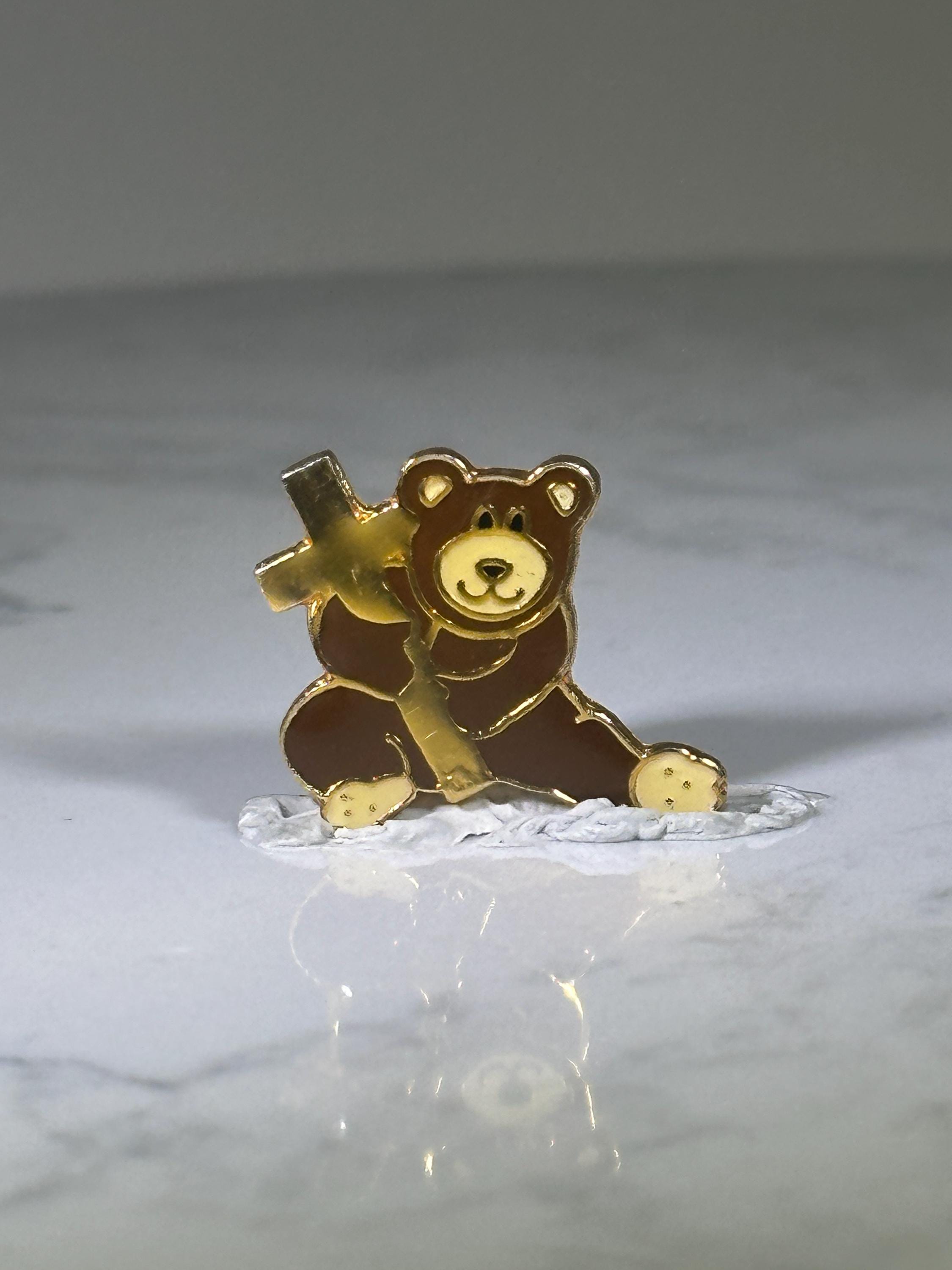 Teddy Bear with Cross Lapel Pin: Gold & Brown Enamel - Faith-Inspired Accessory