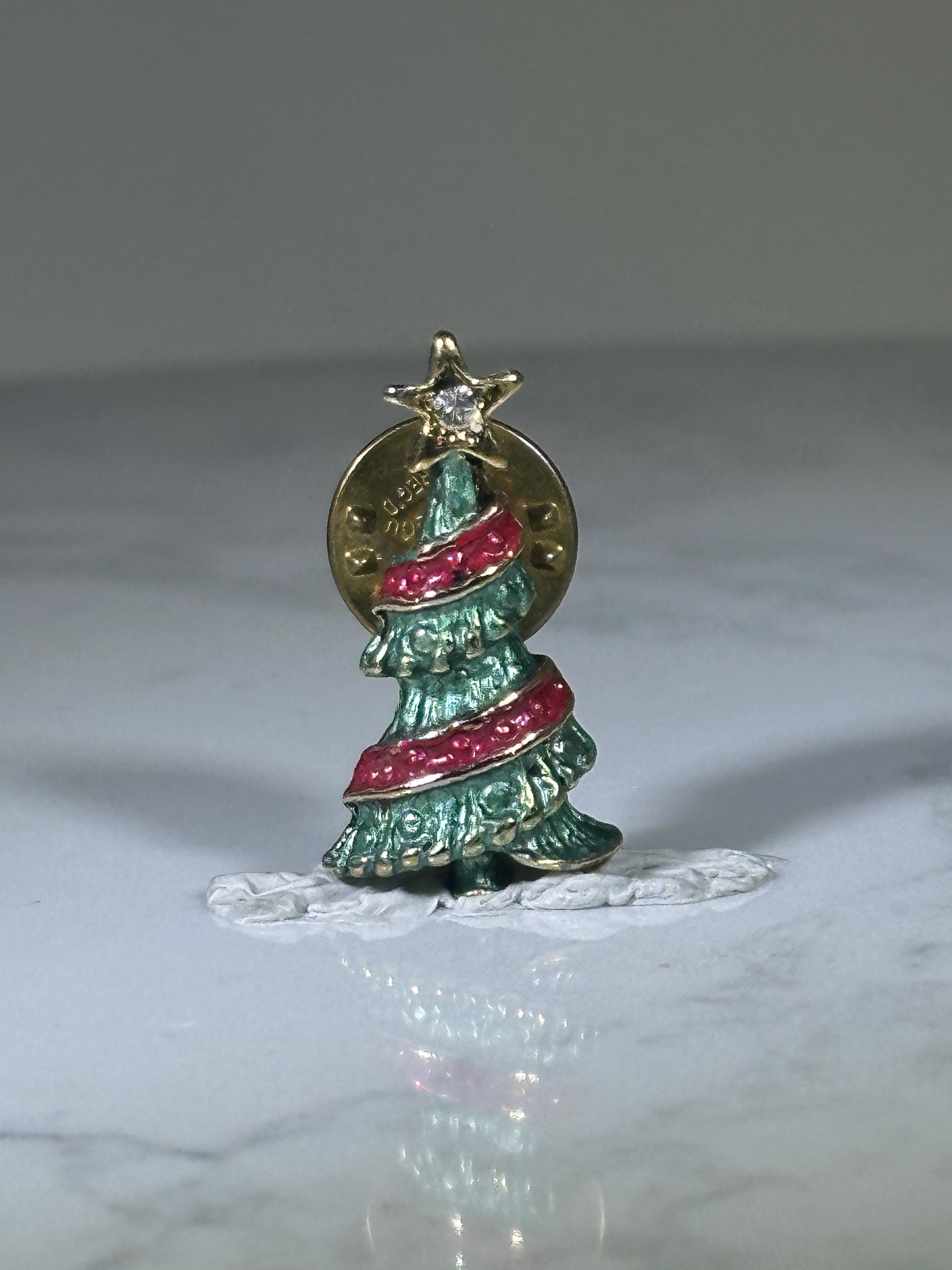 Christmas Tree Pin: Gold Tone with Red & Green Enamel - Holiday Accessory