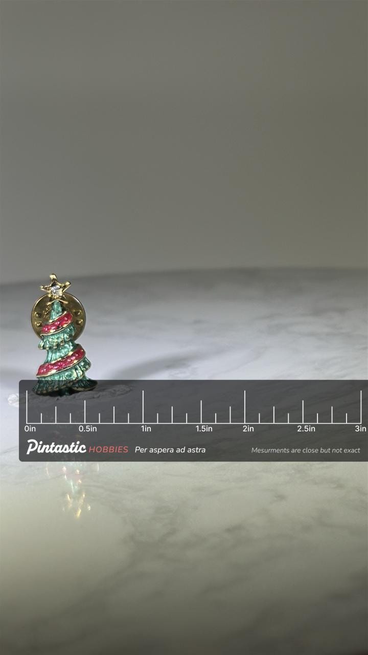Christmas Tree Pin: Gold Tone with Red & Green Enamel - Holiday Accessory with ruler overlay for size reference