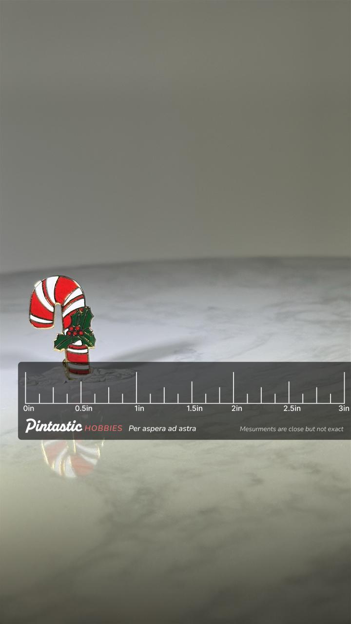 Candy Cane Holiday Pin: Red White Enamel - Vintage Christmas Accessory with ruler overlay for size reference