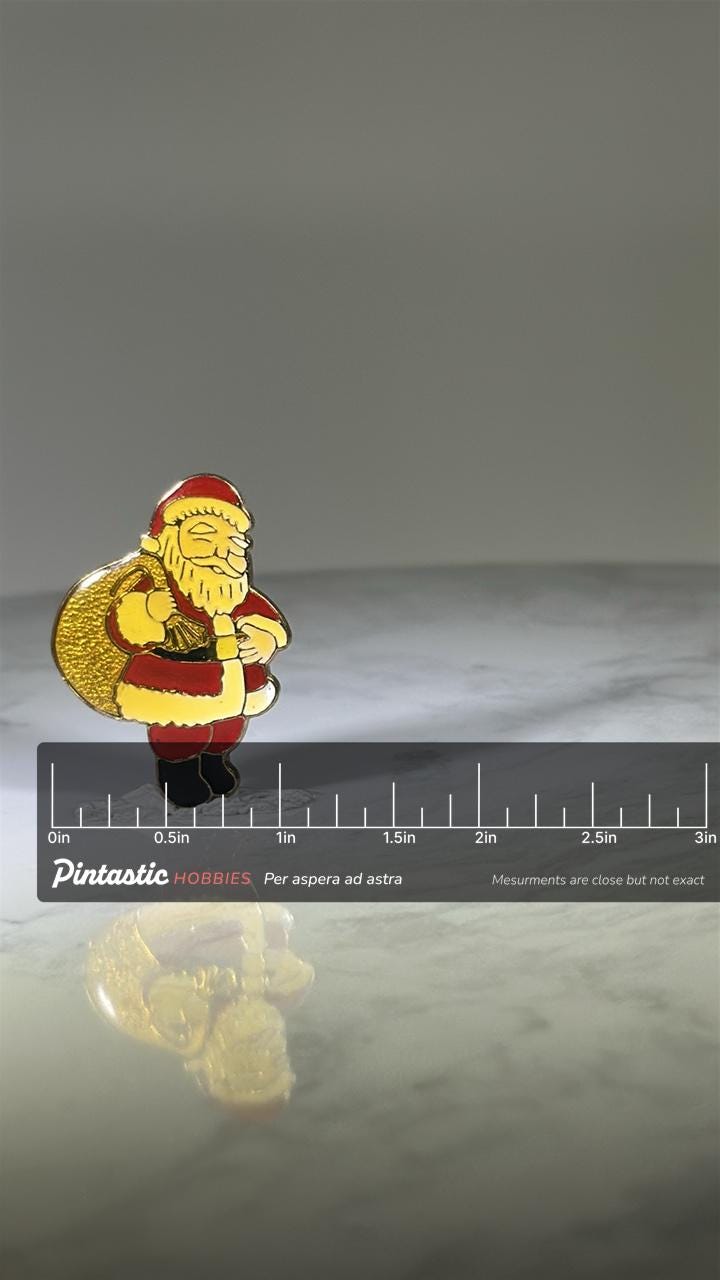 Santa Claus Holiday Pin: Red & Gold Enamel - Vintage Christmas Accessory with ruler overlay for size reference