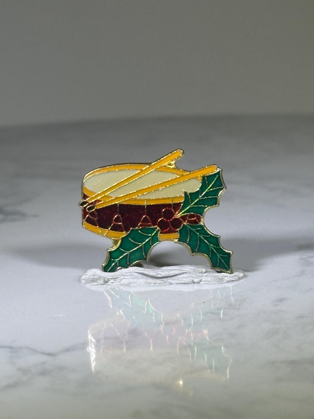 Christmas Drum Pin: Enamel Goldtone Finish - Holiday Accessory