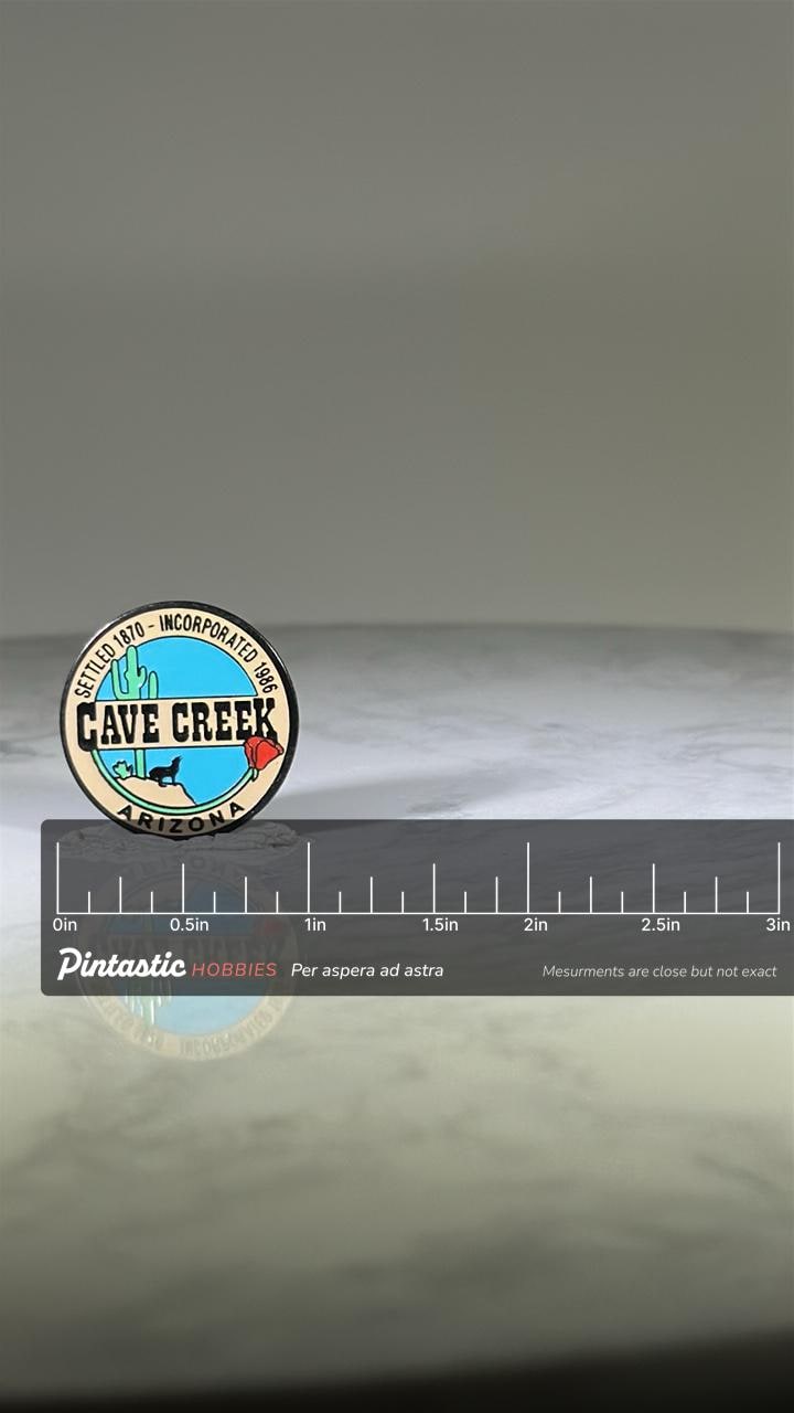Cave Creek Arizona Pin: Desert Scene Enamel - Vintage Tourist Accessory with ruler overlay for size reference