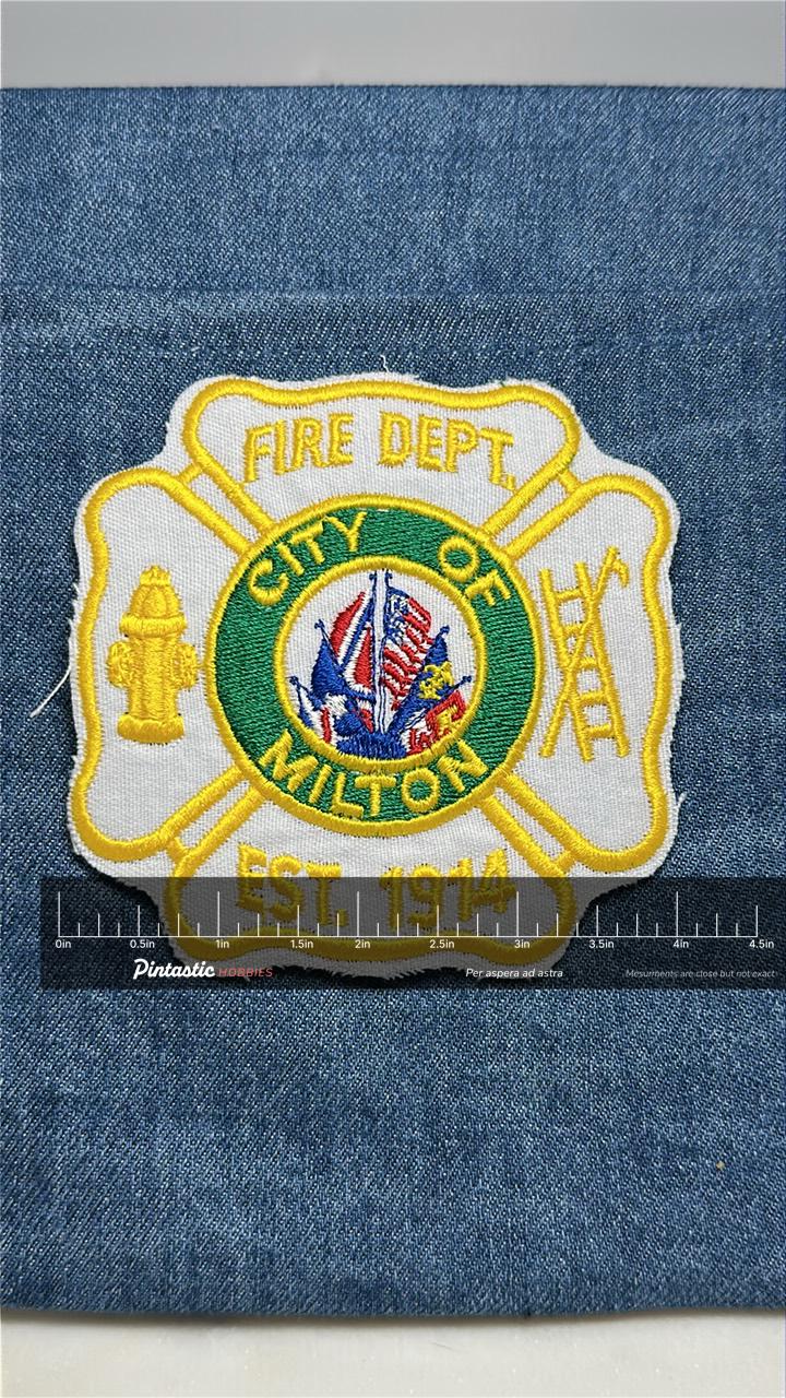 Milton Fire Dept Collectable Iron-On Patch: Yellow Colored - Vintage Firefighter Accessory with ruler overlay for size refere