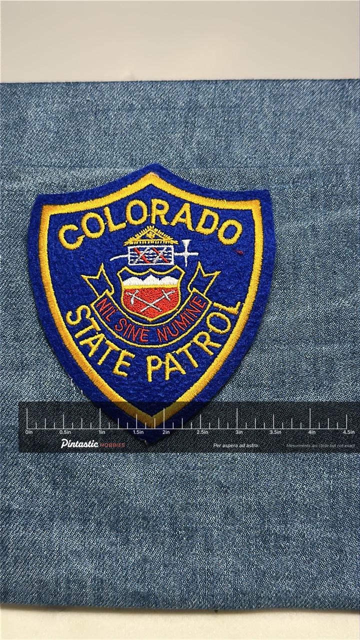 Colorado State Patrol Collectable Iron-On Patch: Blue & Gold Colored - Vintage Law Enforcement Accessory with ruler overlay f